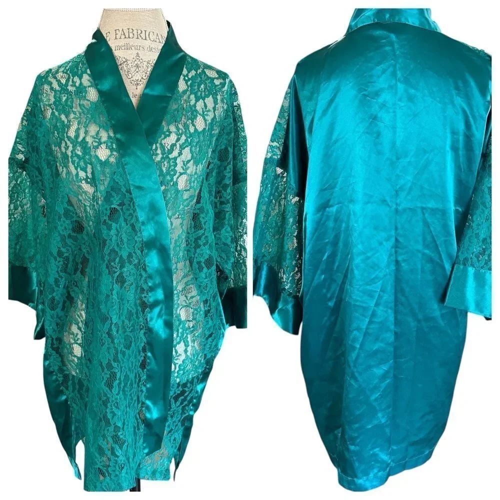 Vintage 80’s Victoria's Secret Gold Label Emerald Green Satin Lace Kimono Robe